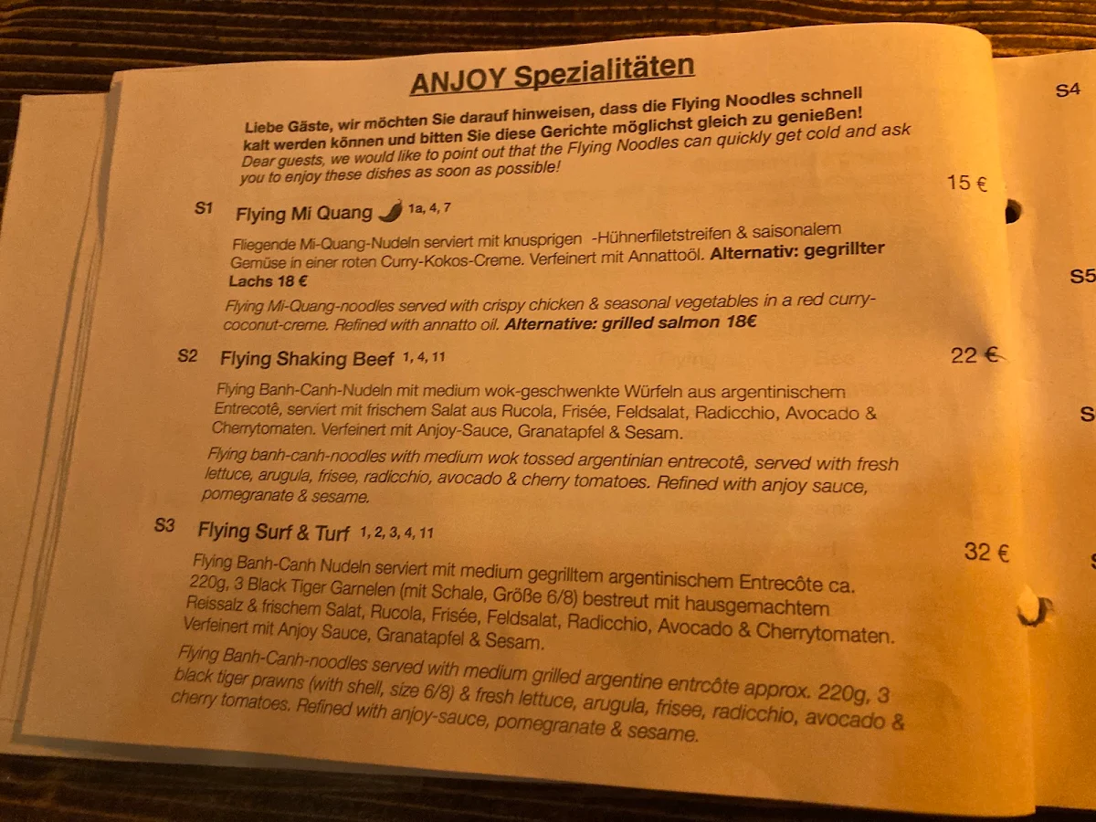 Speisekarte, Vietnamesisches Restaurant Anjoy