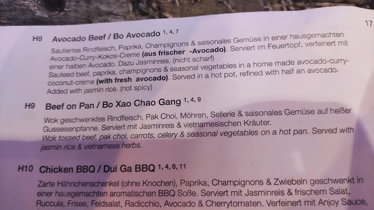 Speisekarte, Vietnamesisches Restaurant Anjoy