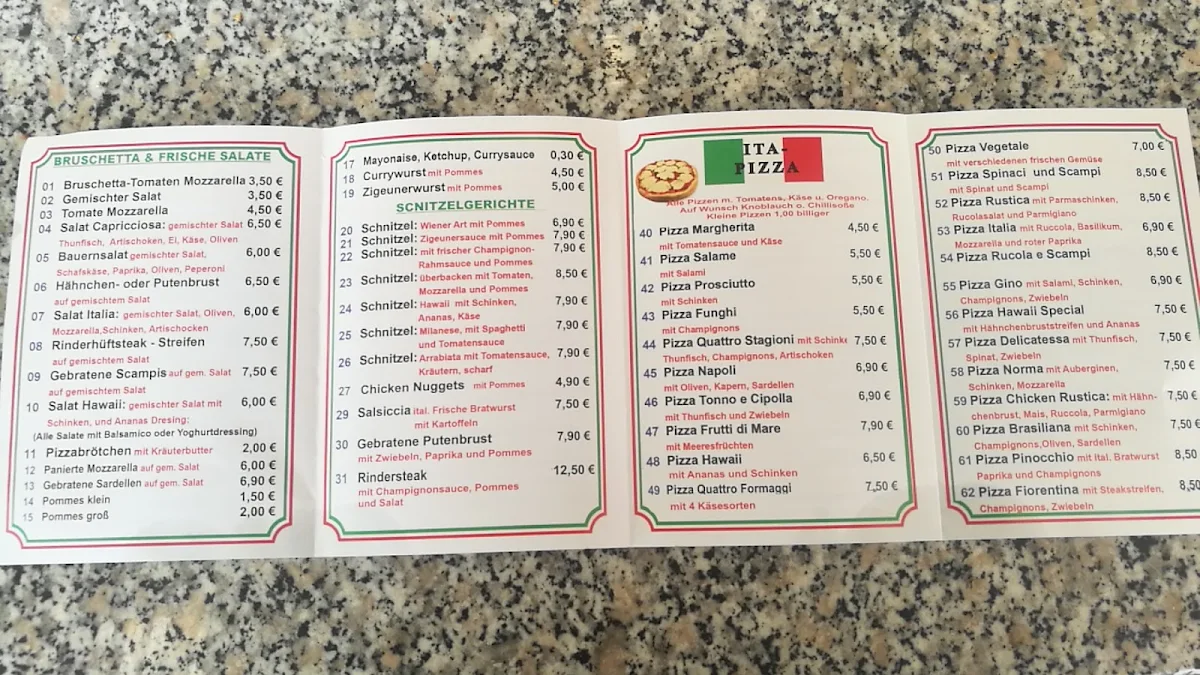 Speisekarte, Pinocchio Imbiss Pizzeria