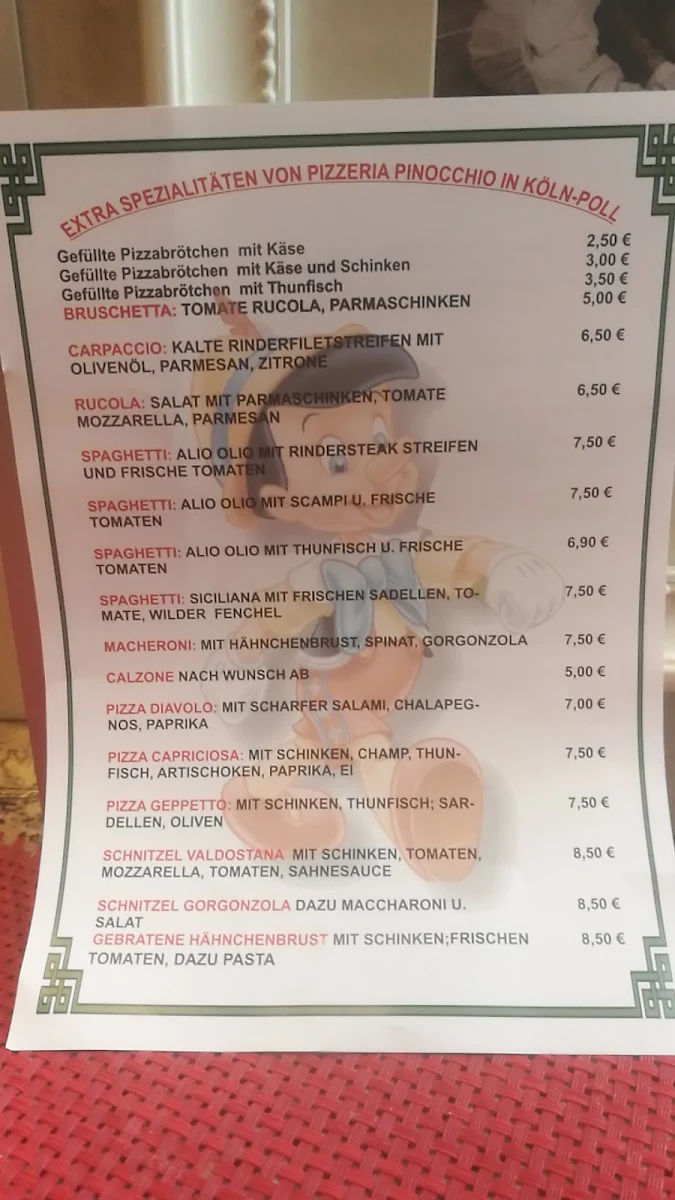 Speisekarte, Pinocchio Imbiss Pizzeria
