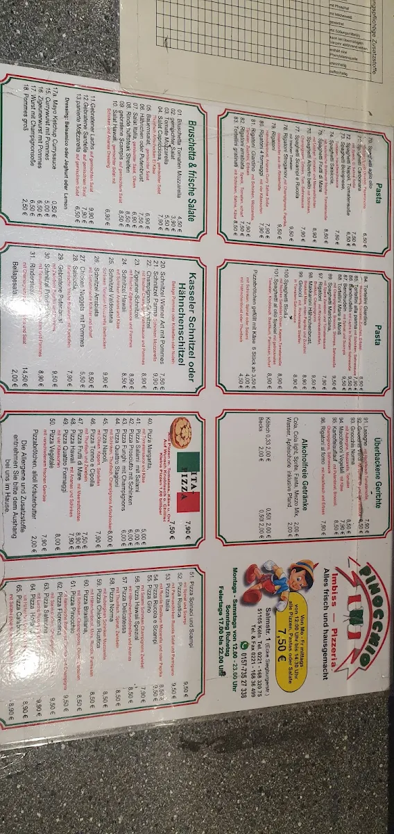 Speisekarte, Pinocchio Imbiss Pizzeria