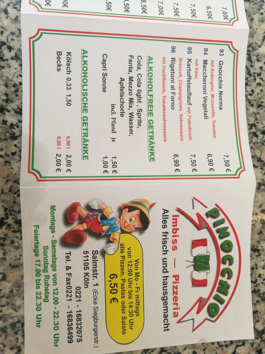 Speisekarte, Pinocchio Imbiss Pizzeria