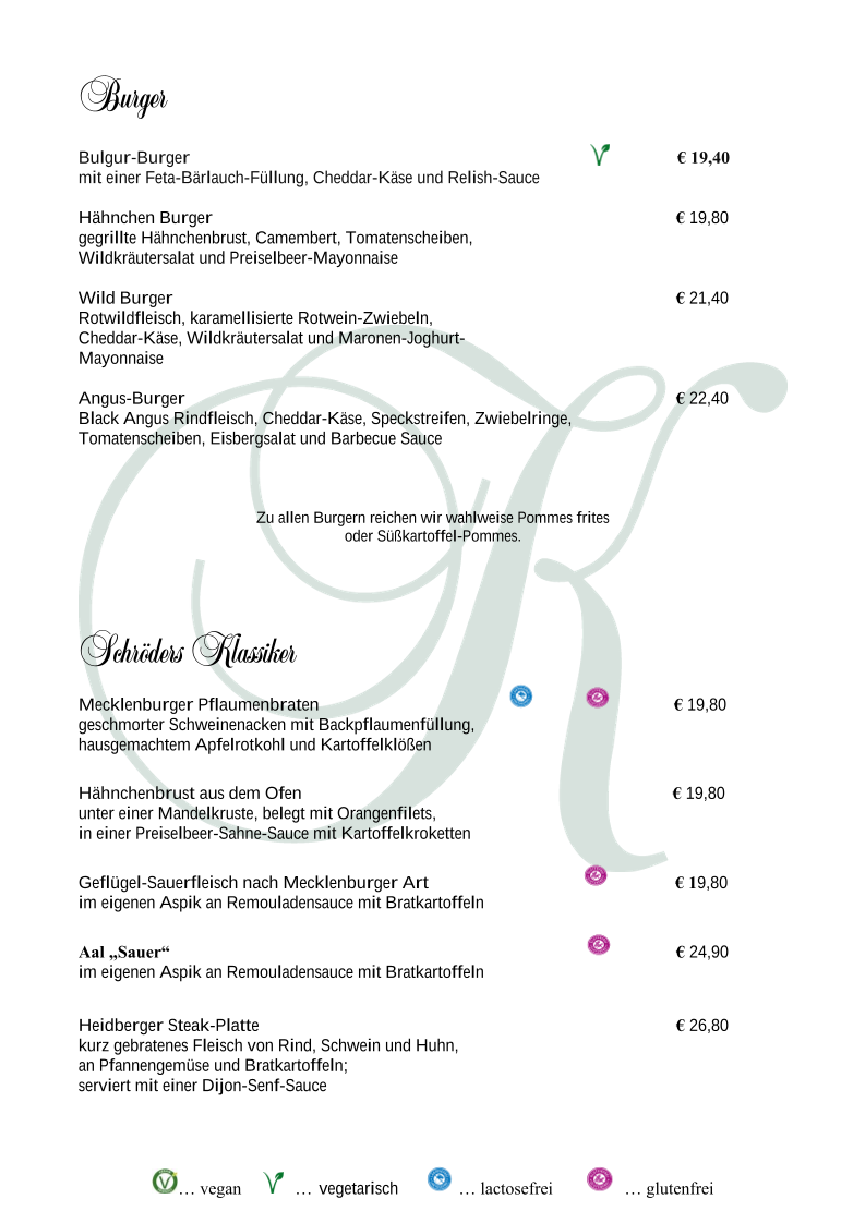 Speisekarte, Restaurant Schröders im "Kurhaus am Inselsee"