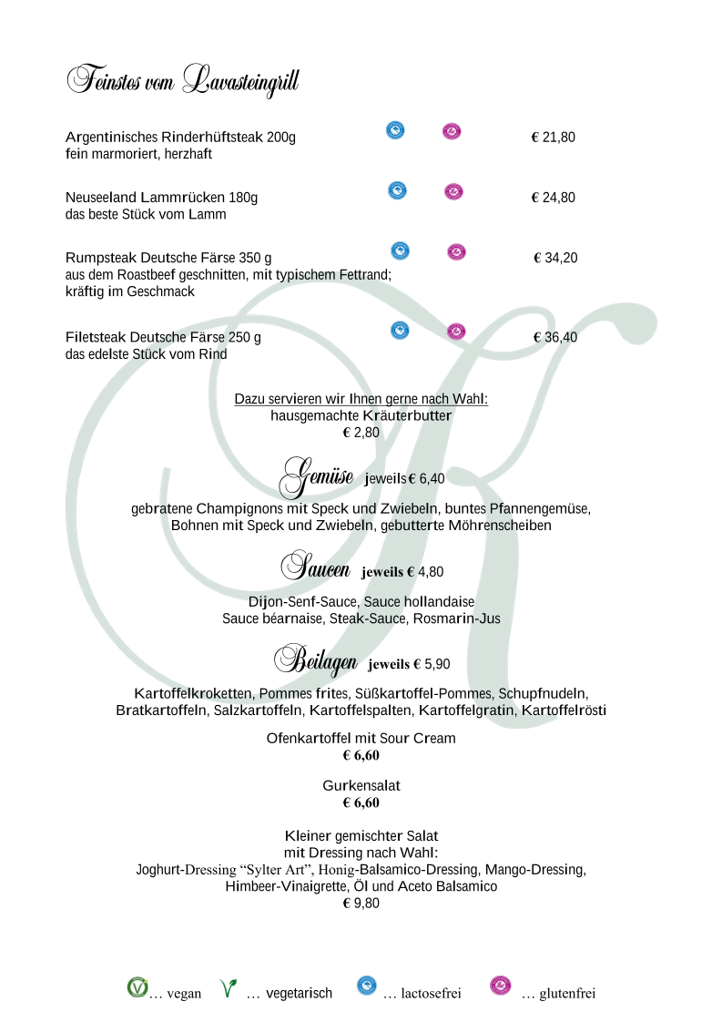 Speisekarte, Restaurant Schröders im "Kurhaus am Inselsee"