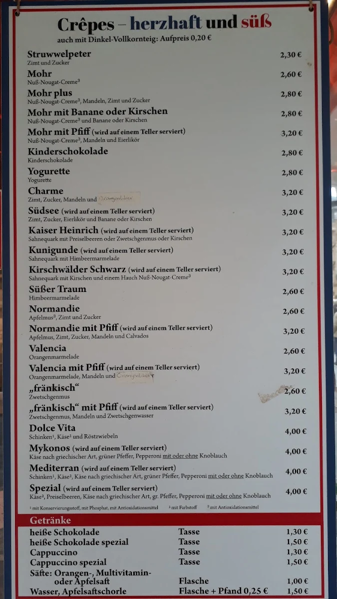 Speisekarte, Crepês mit Charme