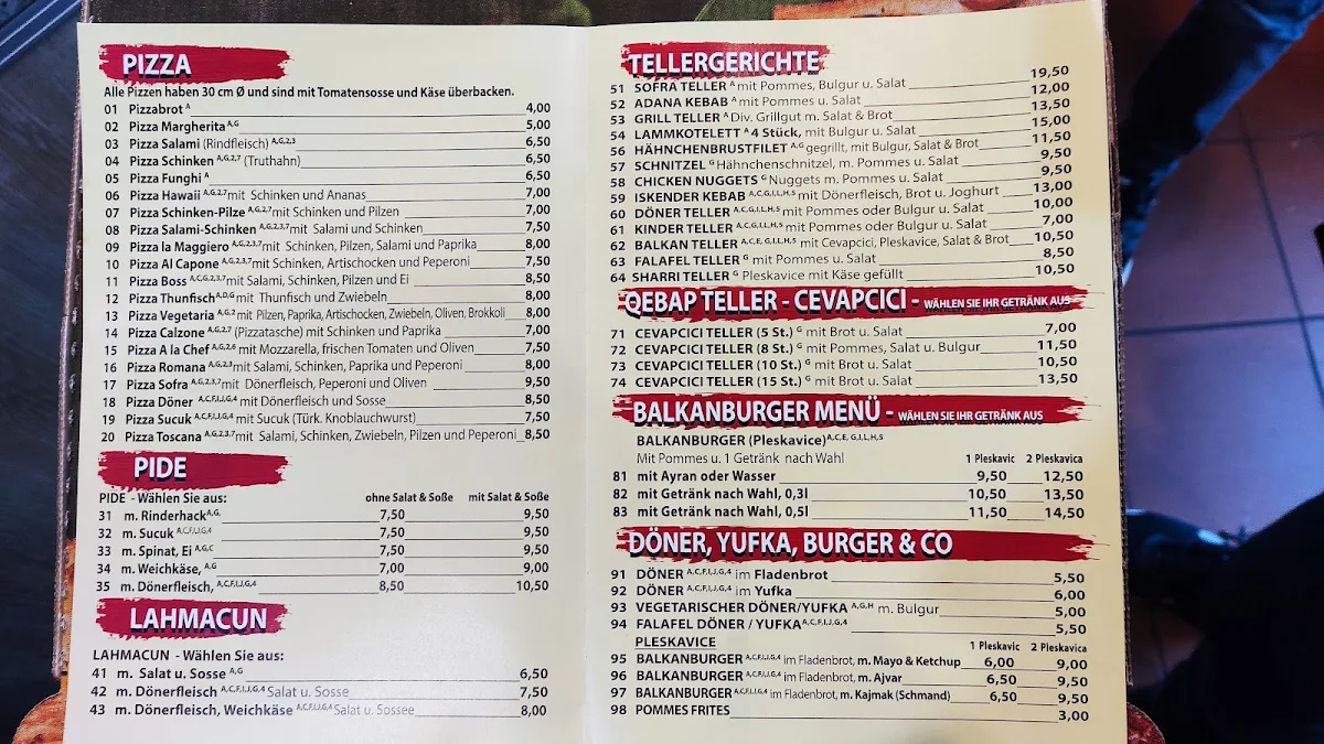 Speisekarte, Sofra Restaurant