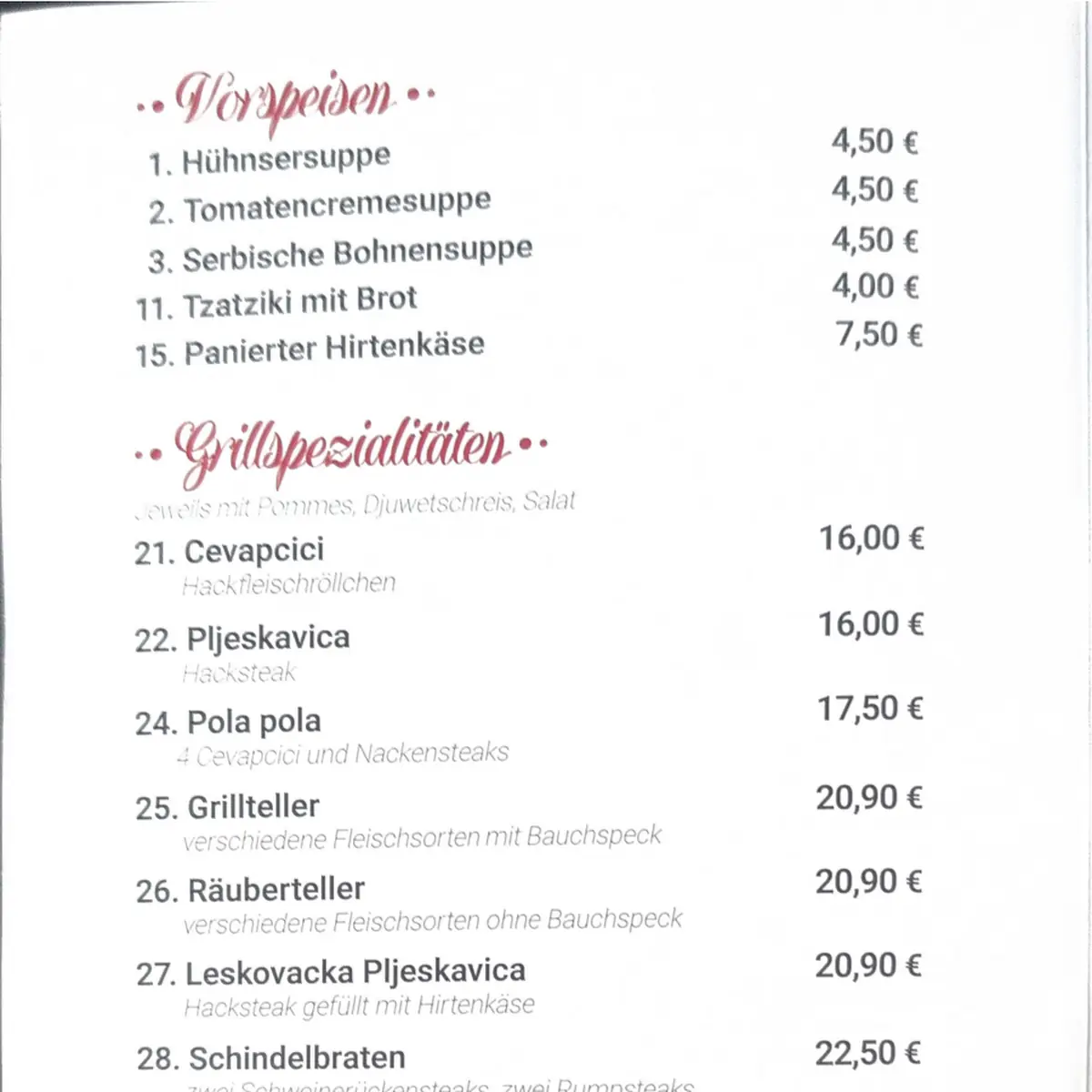 Speisekarte, Jugoslavija