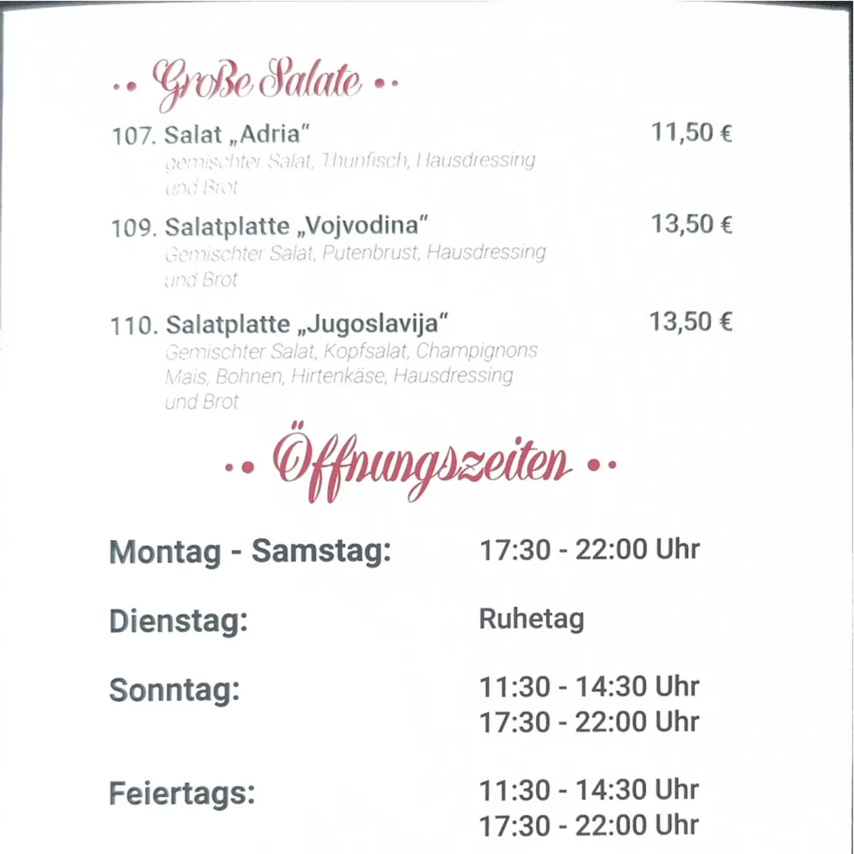 Speisekarte, Jugoslavija