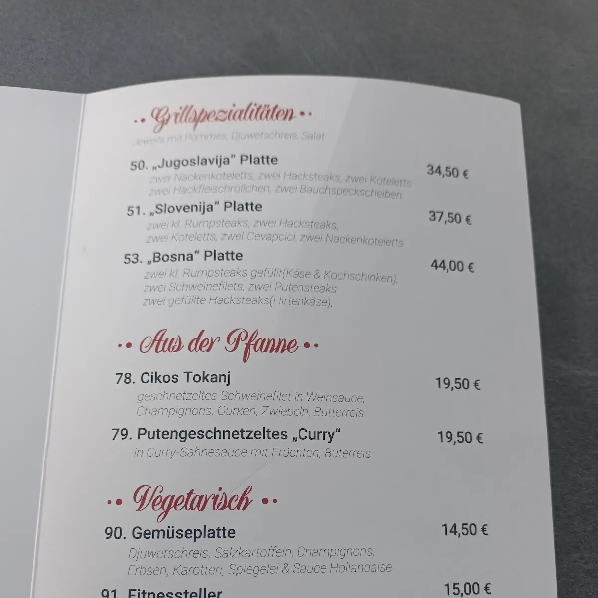 Speisekarte, Jugoslavija