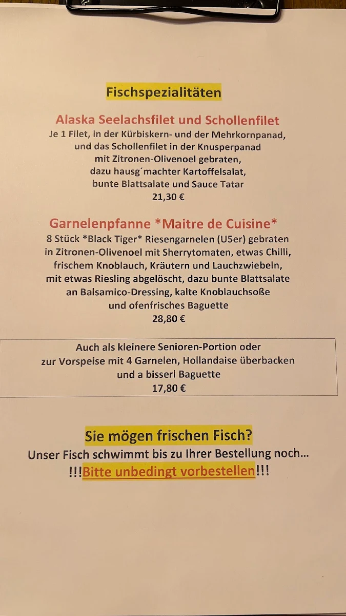 Speisekarte, Sportgaststätte Föhrenheide