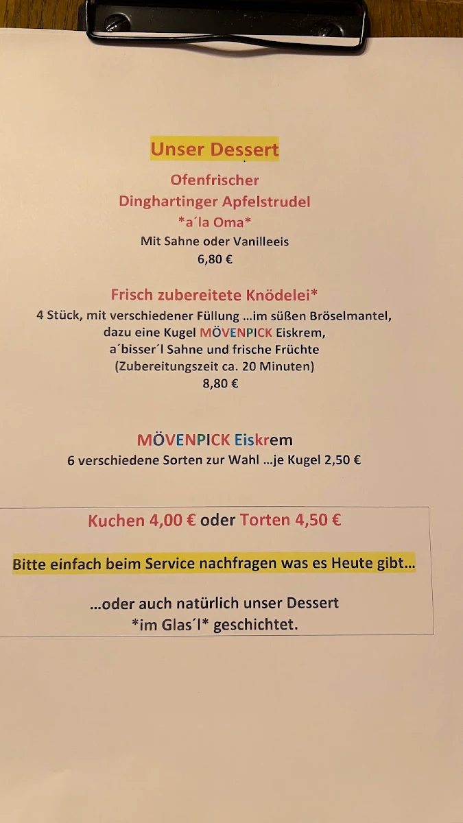 Speisekarte, Sportgaststätte Föhrenheide