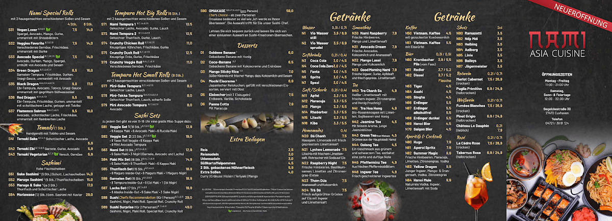 Speisekarte, NAMI Asia Cuisine