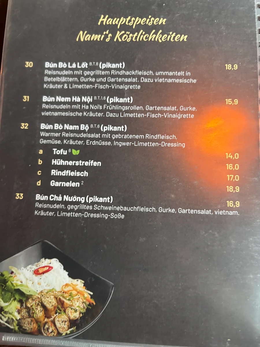 Speisekarte, NAMI Asia Cuisine