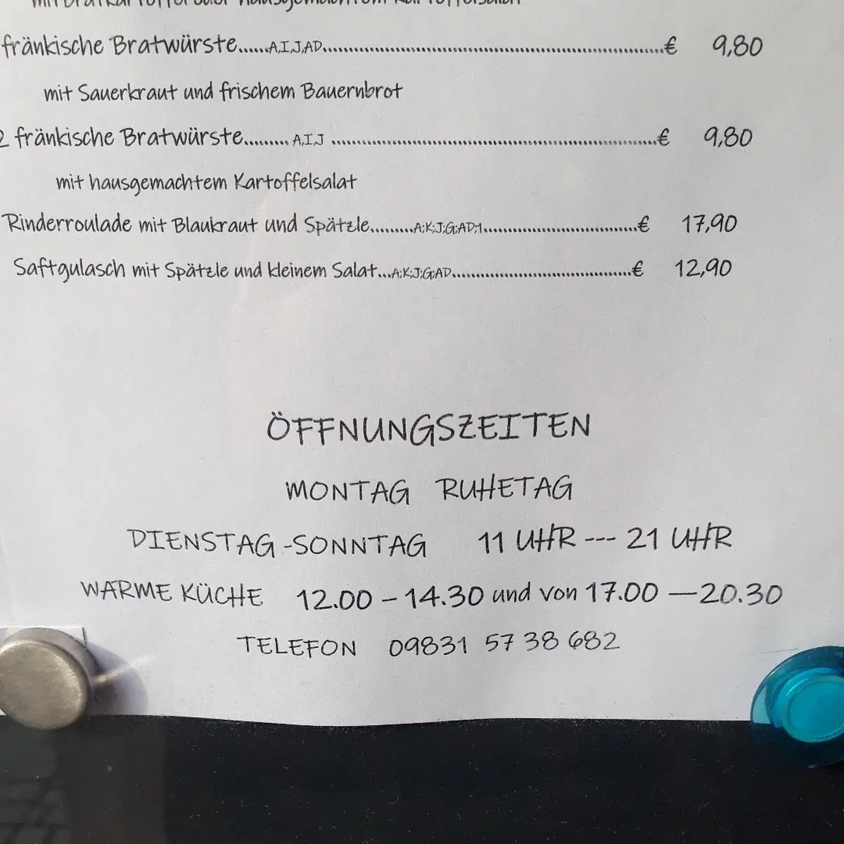 Speisekarte, Gasthof zur Altmühlbrücke