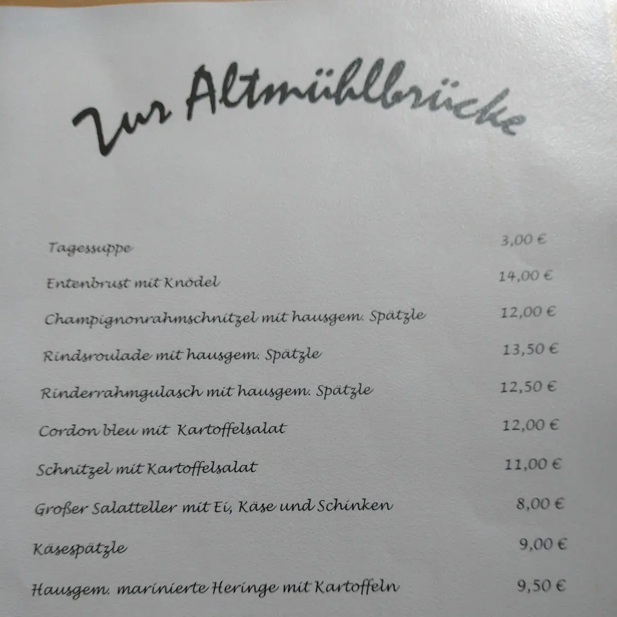 Speisekarte, Gasthof zur Altmühlbrücke