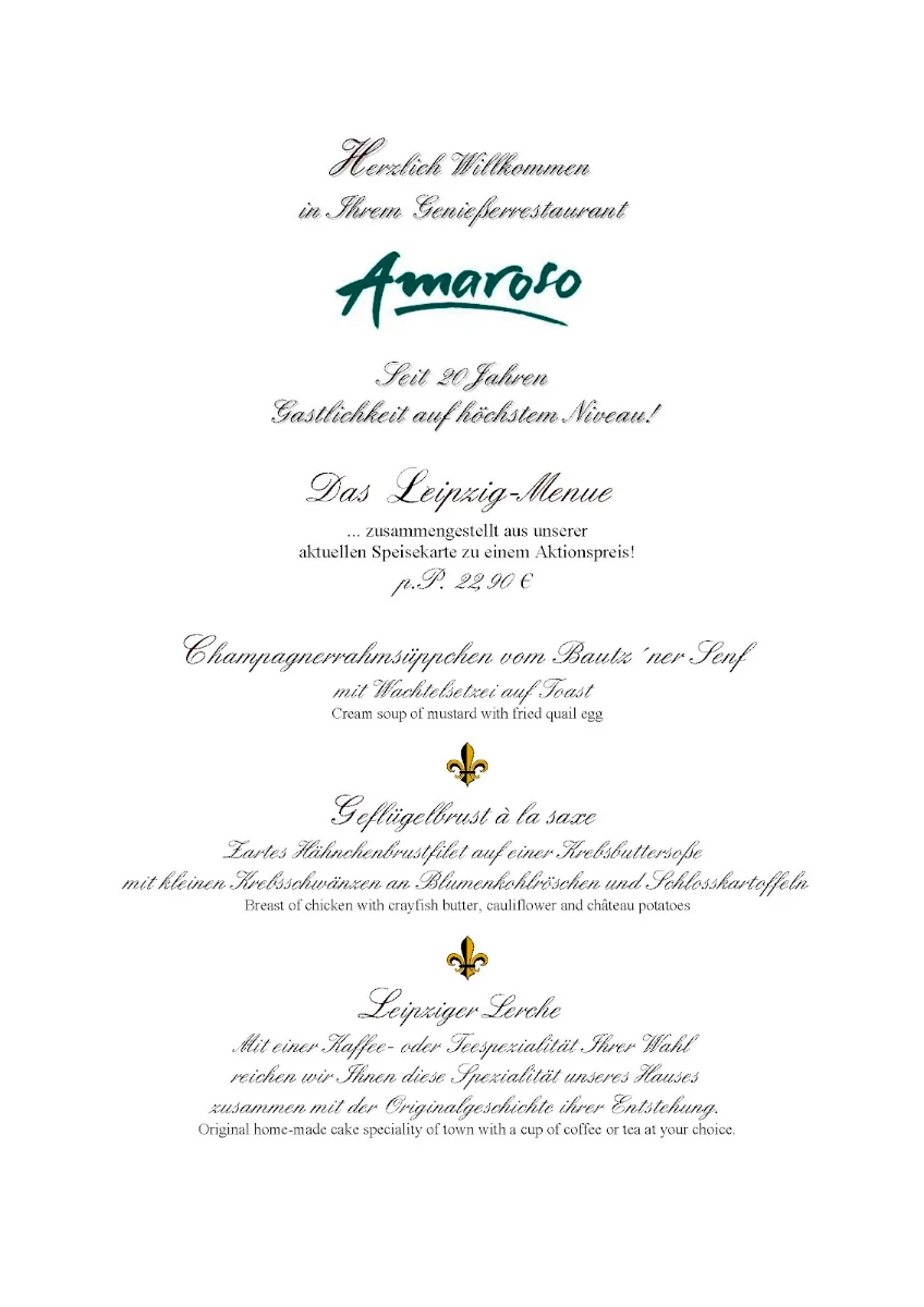 Speisekarte, Genießerrestaurant Amaroso, Leipzig
