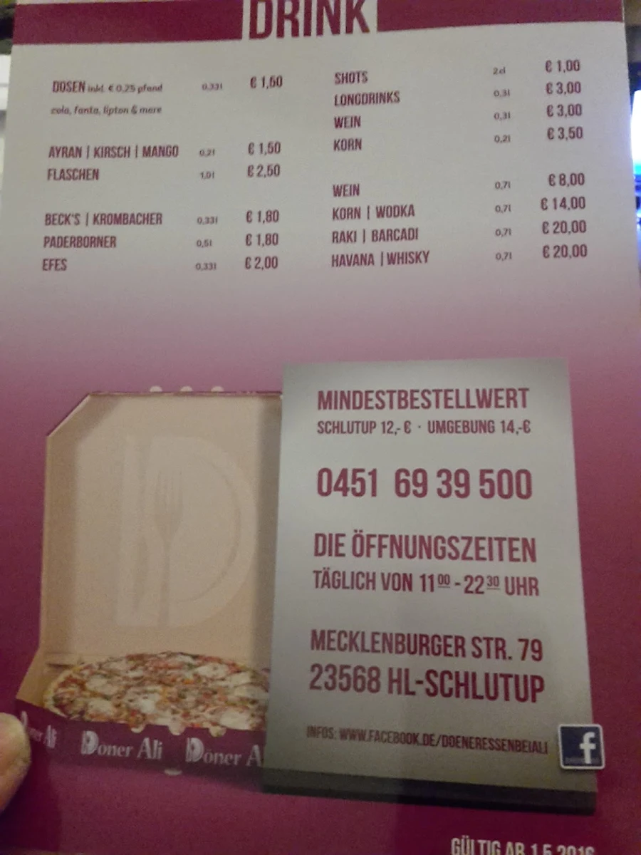Speisekarte, Döner Ali Schlutup