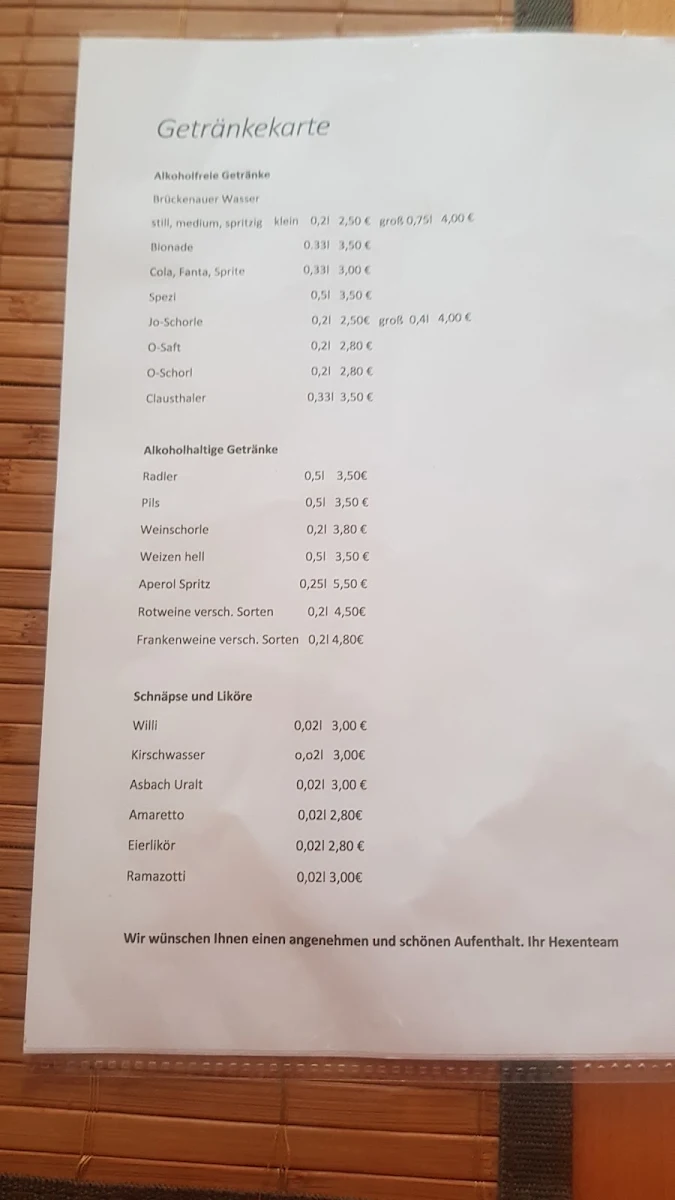 Speisekarte, Seminarhaus Walden und Waldcafé Hexenhaus