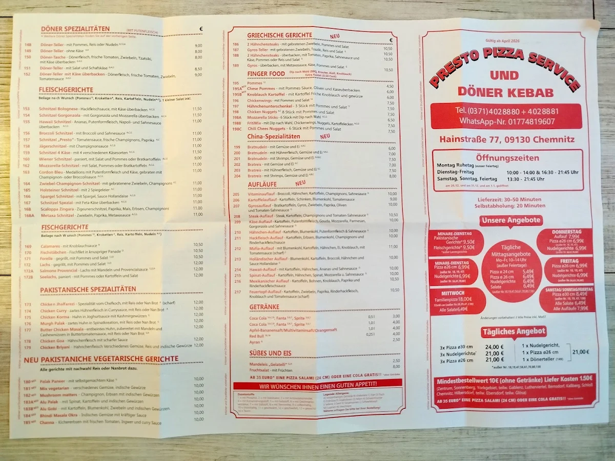Speisekarte, PRESTO Pizza-Service