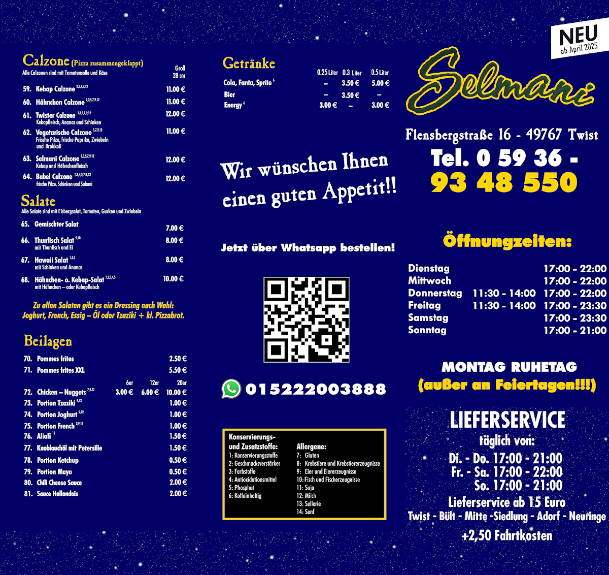 Speisekarte, Selmani Pizzeria