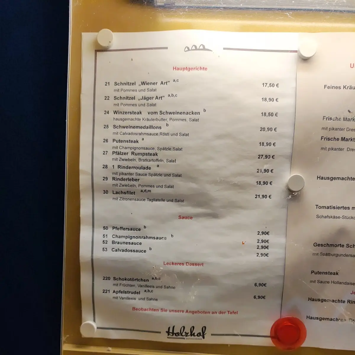 Speisekarte, Gutsschänke Holzhof