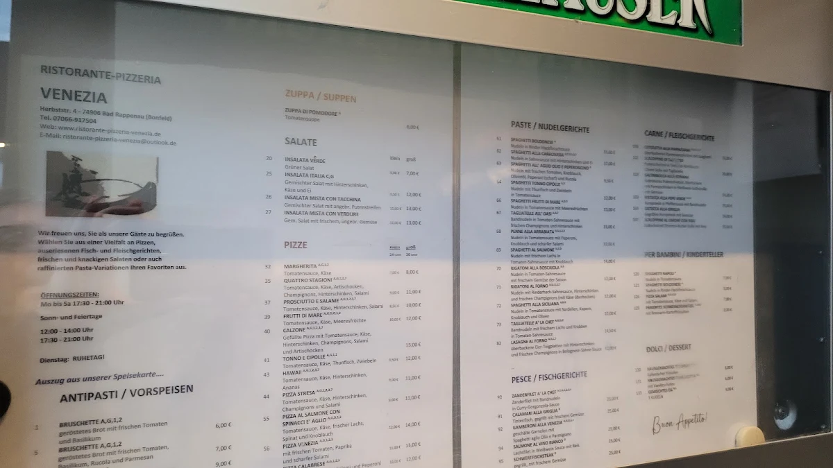 Speisekarte, Ristorante-Pizzeria Venezia