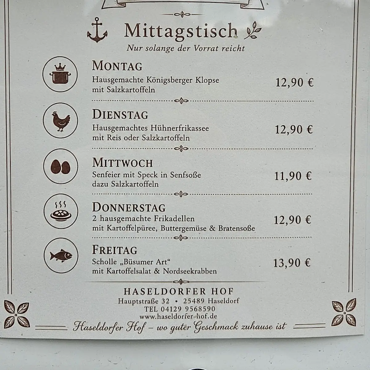 Speisekarte, Haseldorfer Hof