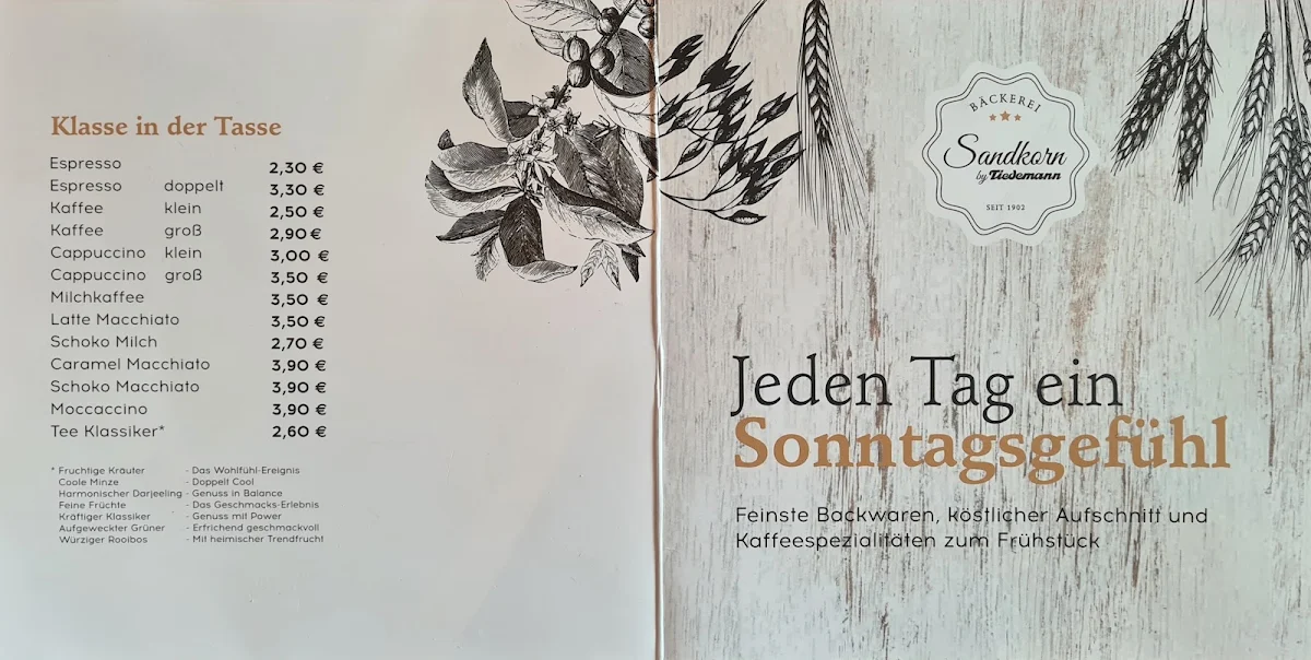 Speisekarte, Café Sandkorn Bäckerei und Konditorei Tiedemann GmbH