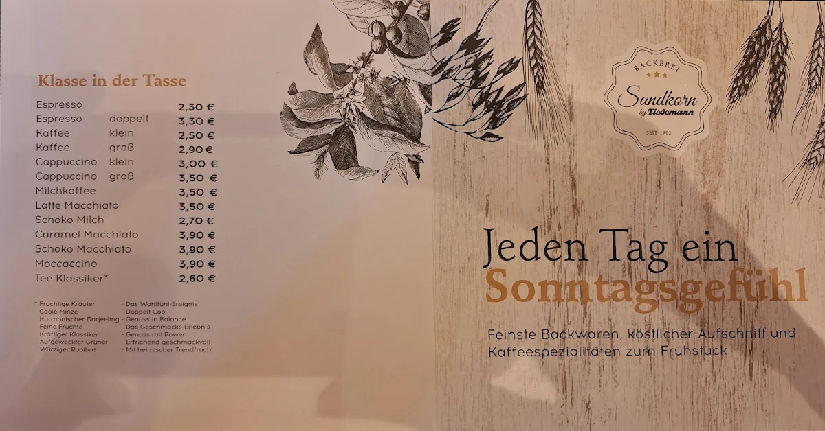 Speisekarte, Café Sandkorn Bäckerei und Konditorei Tiedemann GmbH