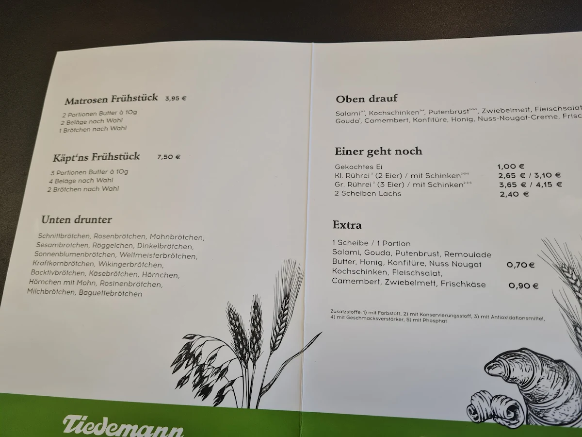 Speisekarte, Café Sandkorn Bäckerei und Konditorei Tiedemann GmbH