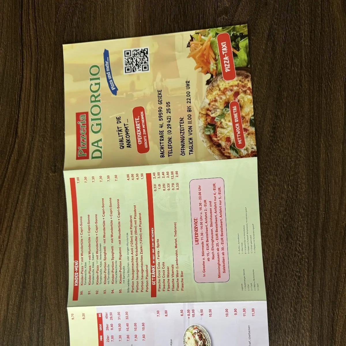 Speisekarte, Pizzeria da Giorgio