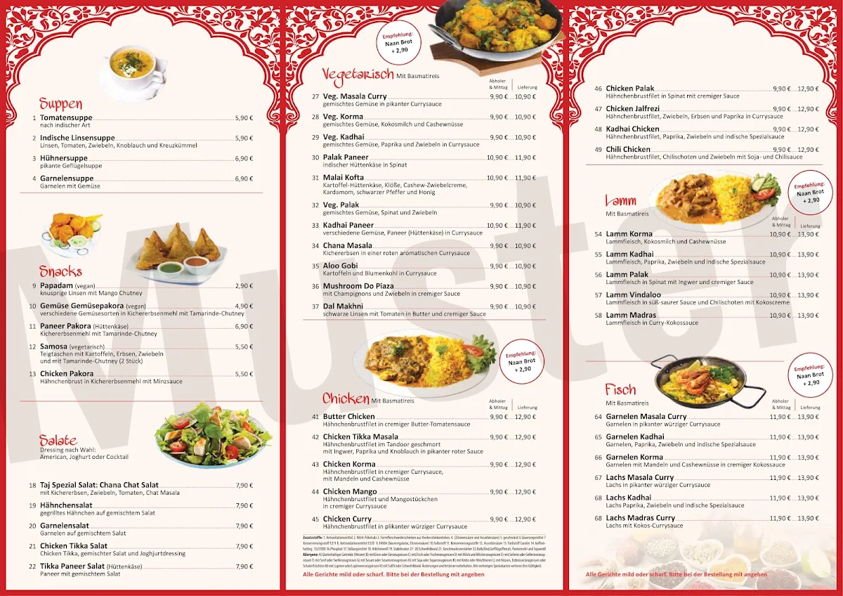 Speisekarte, Taj Spices