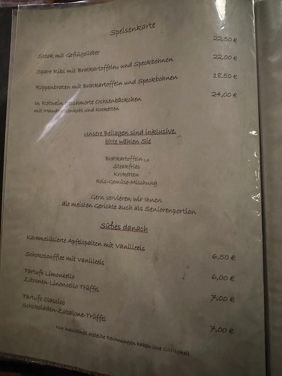 Speisekarte, Gaststätte Zur Scheune