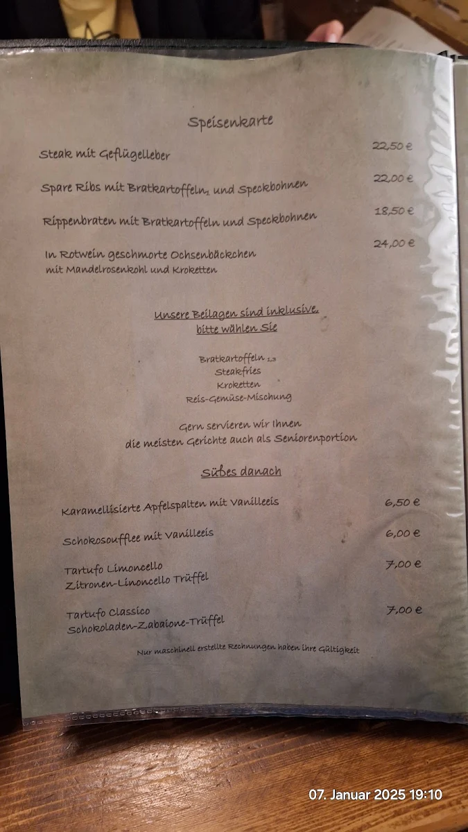 Speisekarte, Gaststätte Zur Scheune