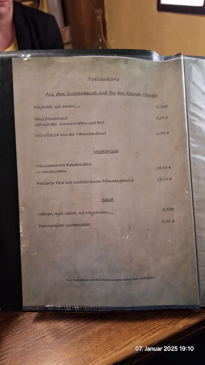 Speisekarte, Gaststätte Zur Scheune