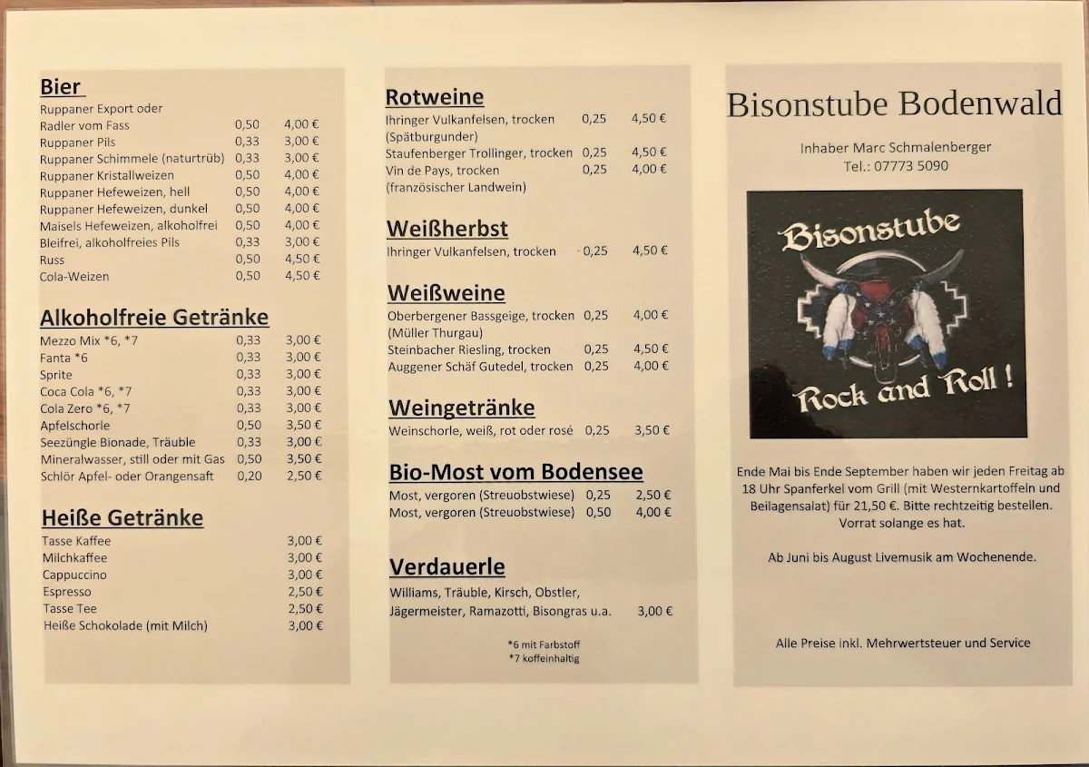 Speisekarte, Bisonstube Bodenwald