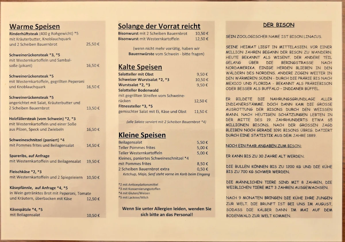 Speisekarte, Bisonstube Bodenwald