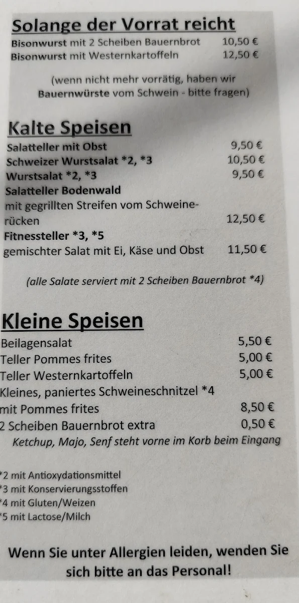 Speisekarte, Bisonstube Bodenwald