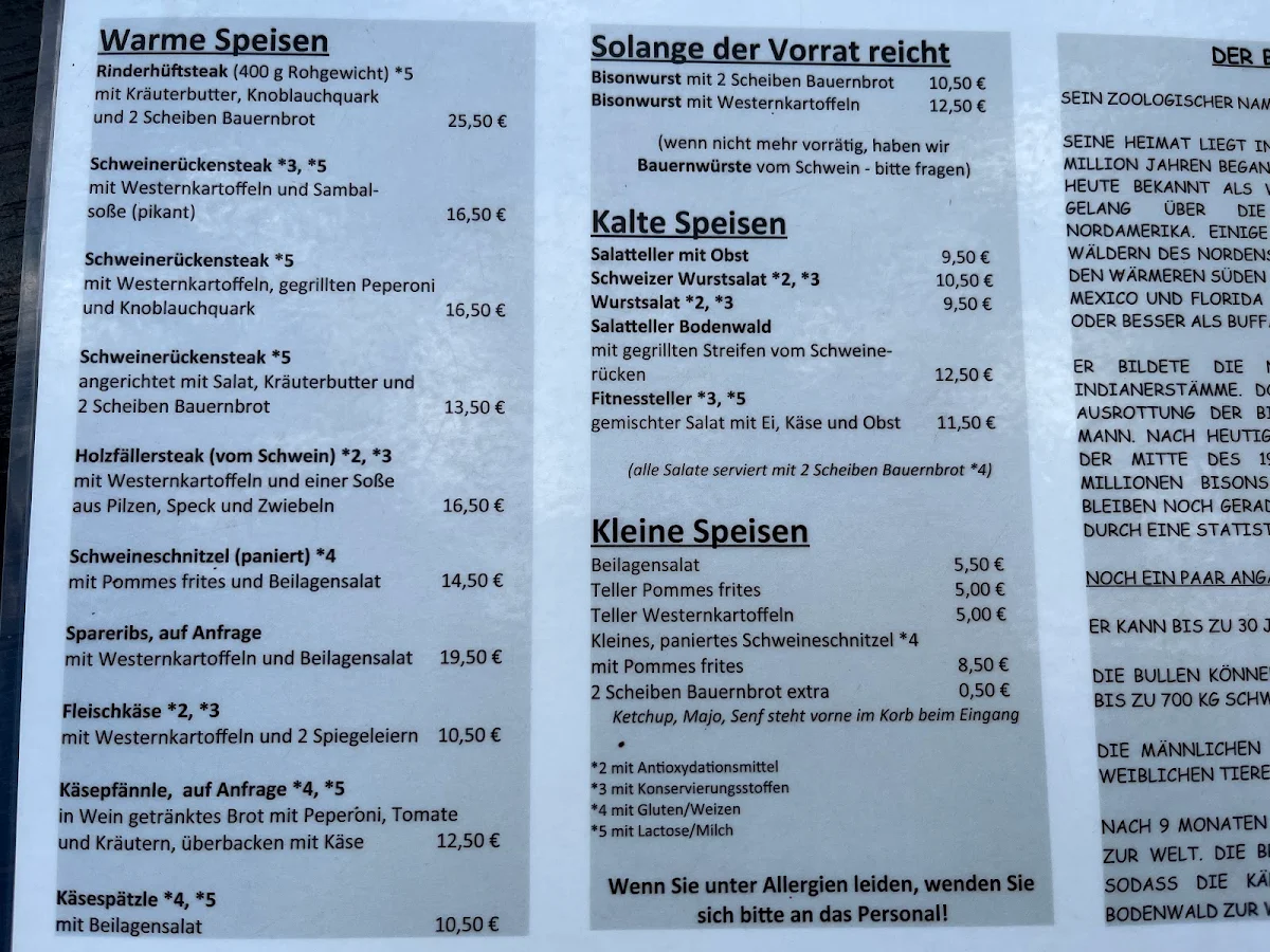 Speisekarte, Bisonstube Bodenwald