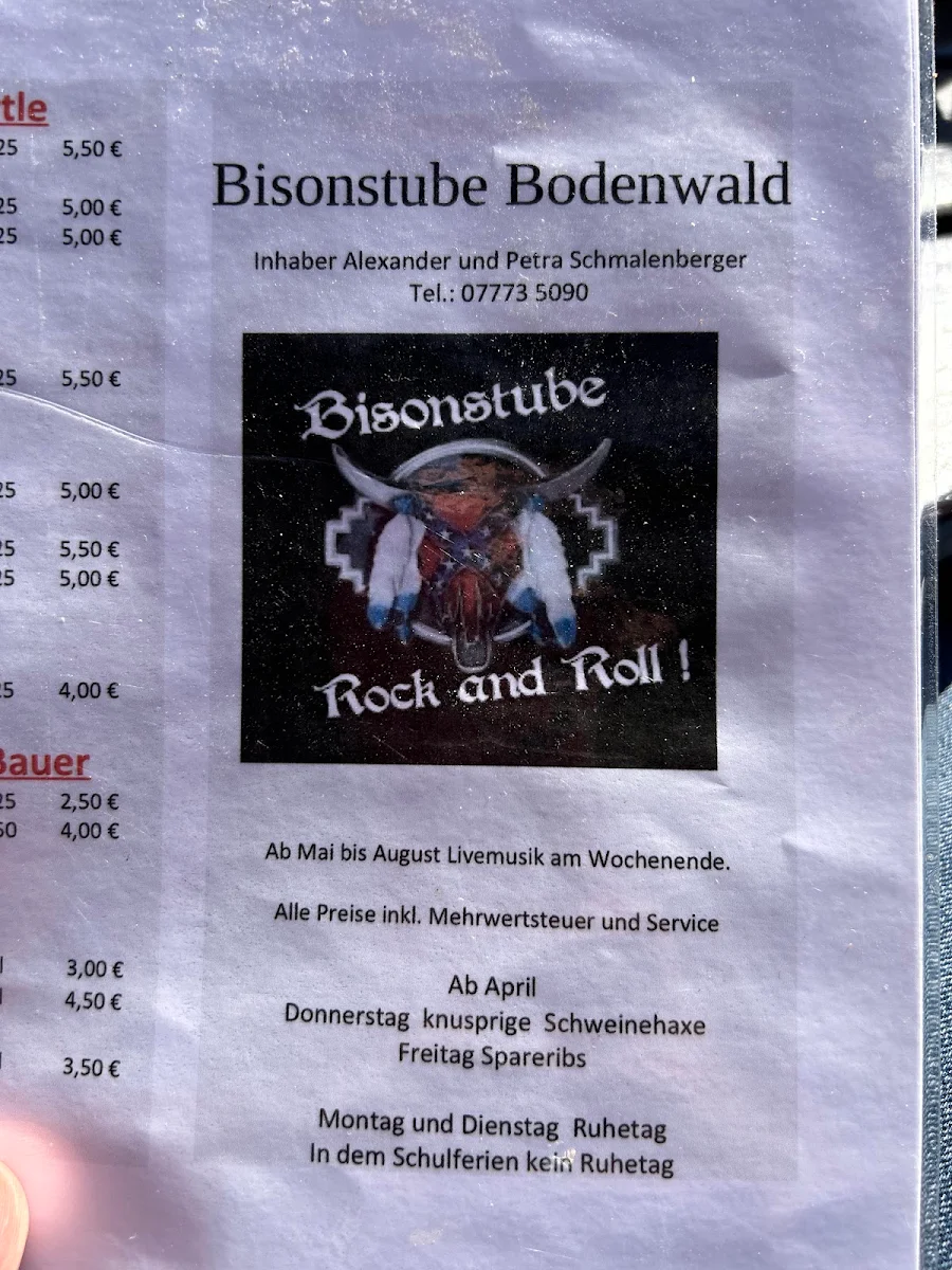 Speisekarte, Bisonstube Bodenwald