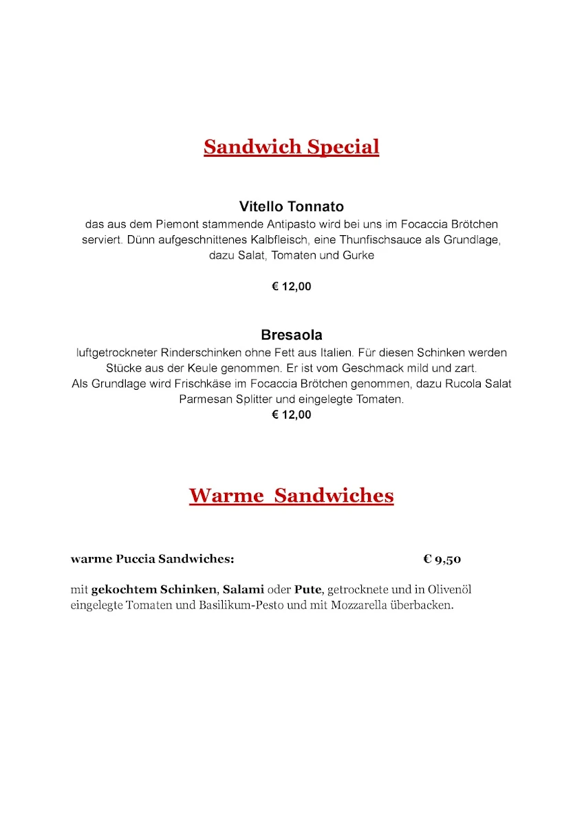 Speisekarte, Tramezzini Sandwich Manufaktur - Berlin