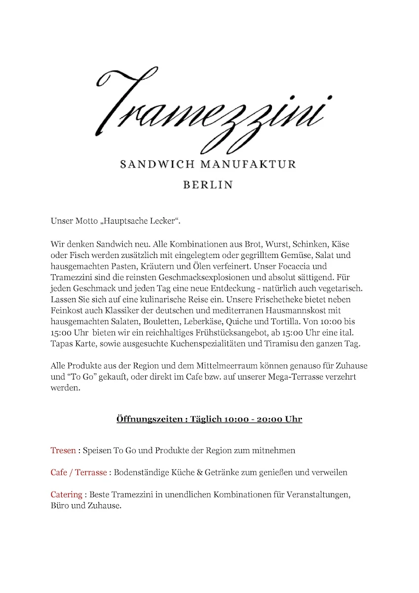 Speisekarte, Tramezzini Sandwich Manufaktur - Berlin