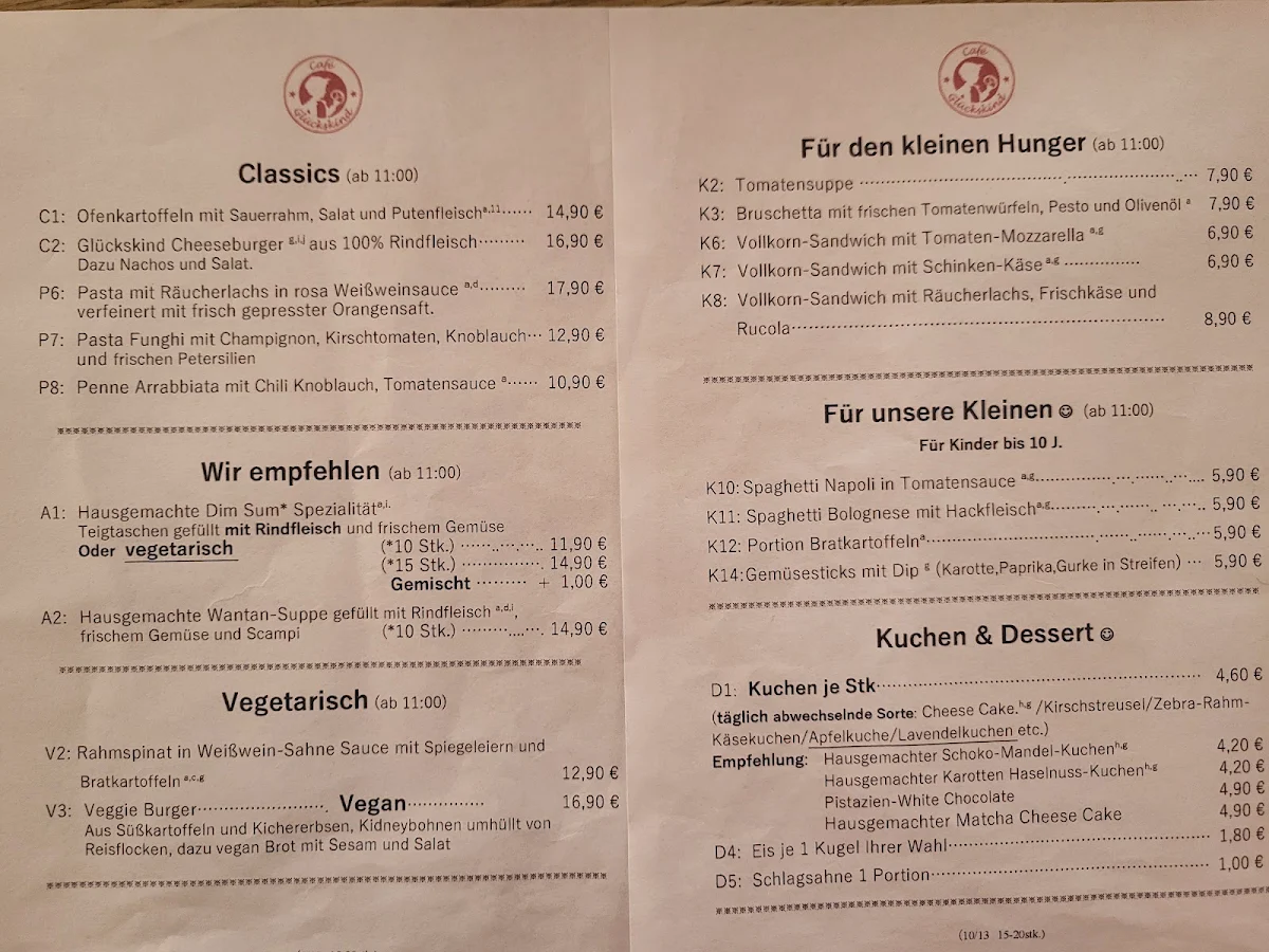 Speisekarte, Cafe Glückskind