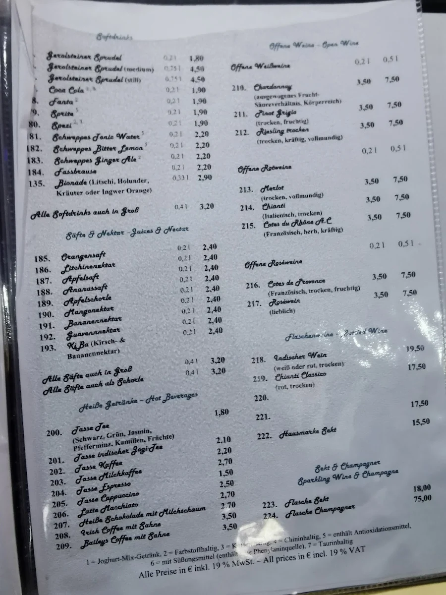 Speisekarte, MIRA Indisches Restaurant - Café - Cocktailbar
