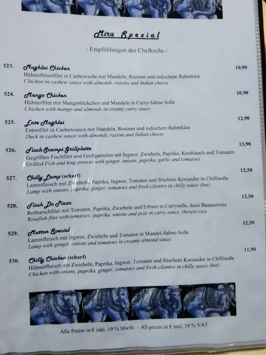 Speisekarte, MIRA Indisches Restaurant - Café - Cocktailbar