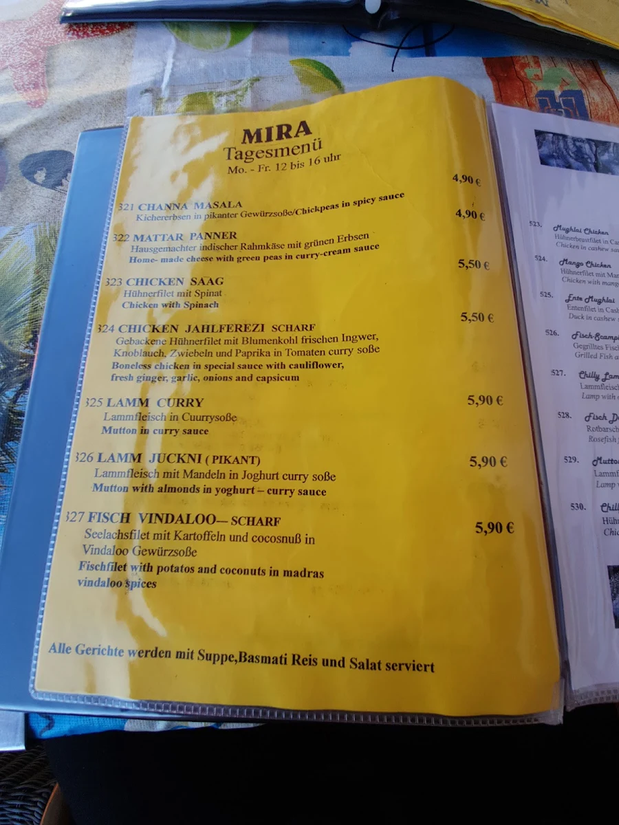 Speisekarte, MIRA Indisches Restaurant - Café - Cocktailbar