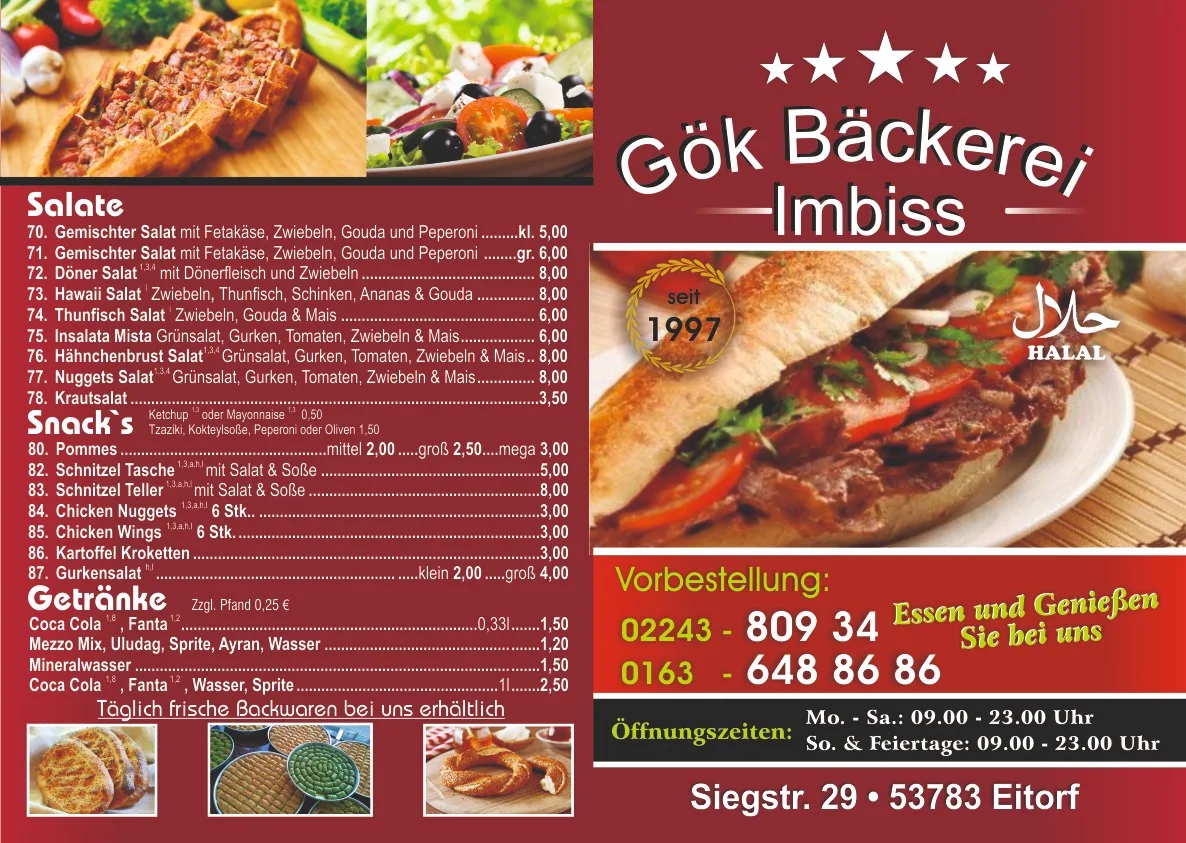 Speisekarte, Gök Imbiss Bäckerei