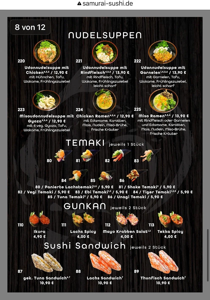 Speisekarte, Samurai Sushi