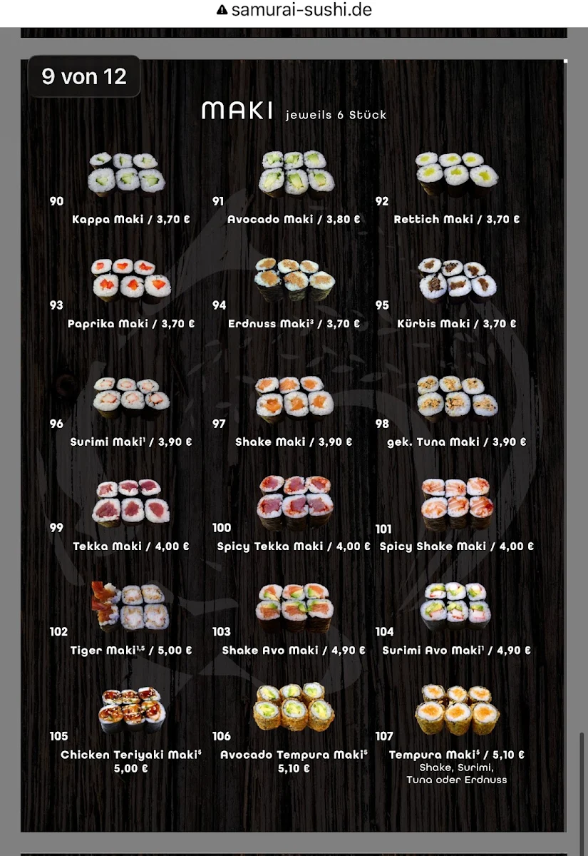 Speisekarte, Samurai Sushi