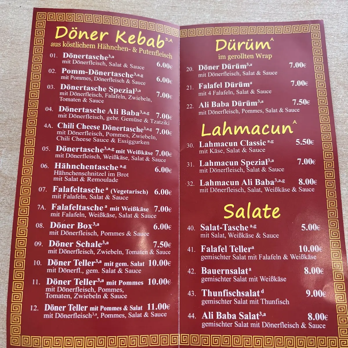Speisekarte, Ali Baba Grill